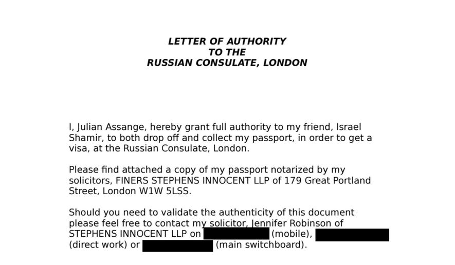 This document obtained by The Associated Press shows a letter to the Russian Consulate in London dated Nov. 30, 2010. Although it isn’t clear whether the missive was actually delivered to the consulate, it does show that WikiLeaks founder Julian Assange sought a Russian visa as authorities were closing in on him in the wake of his publication of U.S. State Department cables. The letter is part of a wider cache of internal WikiLeaks files recently obtained by the AP. Sections of the image are redacted to protect sensitive information. (AP Photo)
