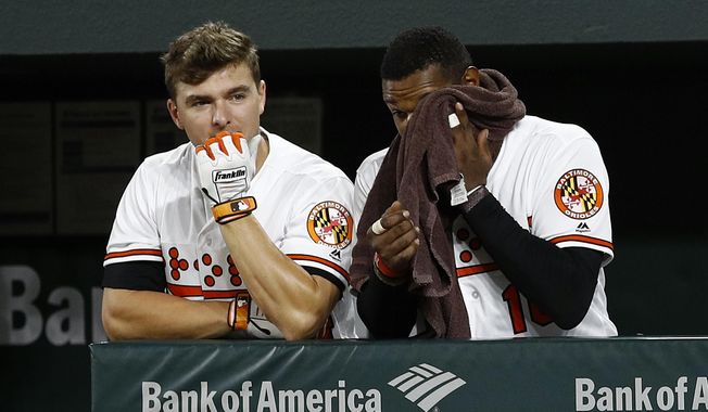 Baltimore Orioles&#x27; John Andreoli, left, and Adam Jones stand in the dugout in the ninth inning of a baseball game against the Toronto Blue Jays, Tuesday, Sept. 18, 2018, in Baltimore. Toronto won 6-4. (AP Photo/Patrick Semansky)