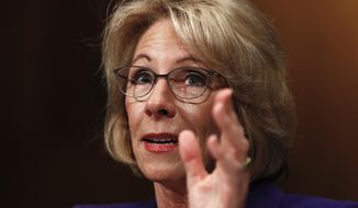 FIlE - In this Jan. 17, 2017, file photo, then-Education Secretary-designate Betsy DeVos testifies on Capitol Hill in Washington, at her confirmation hearing before the Senate Health, Education, Labor and Pensions Committee. (AP Photo/Carolyn Kaster, File)