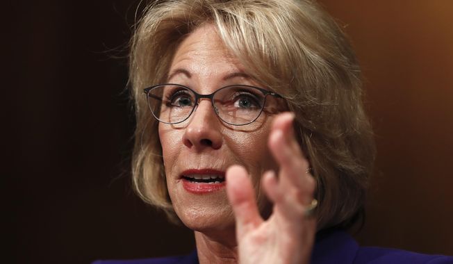 FIlE - In this Jan. 17, 2017, file photo, then-Education Secretary-designate Betsy DeVos testifies on Capitol Hill in Washington, at her confirmation hearing before the Senate Health, Education, Labor and Pensions Committee. (AP Photo/Carolyn Kaster, File)
