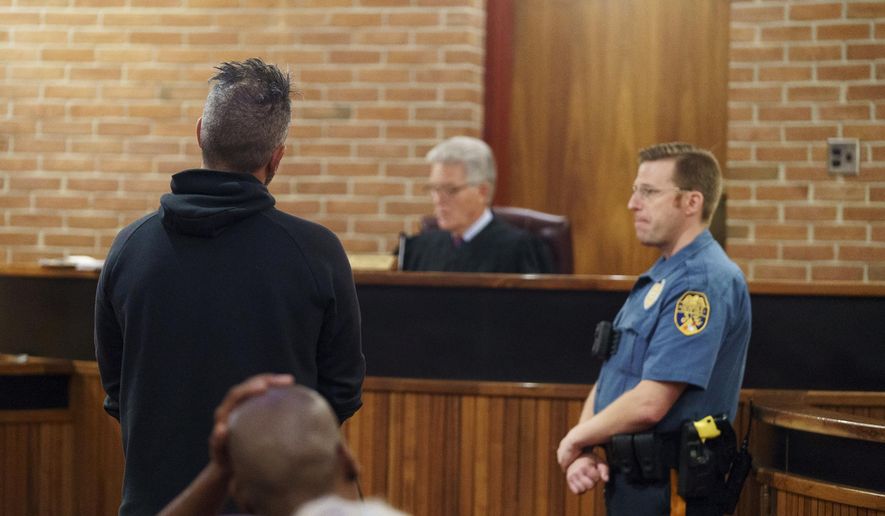 Mark D'Amico appears in Burlington City Municipal Court regarding citations for driving with a suspended license, in Burlington City, N.J., Tuesday, Sept. 18, 2018. D'Amico, under investigation over more than $400,000 raised online for a good Samaritan, says everything in the case will become “crystal clear.” D’Amico appeared in court Tuesday on unrelated traffic charges. (Jessica Griffin/The Philadelphia Inquirer via AP, Pool)