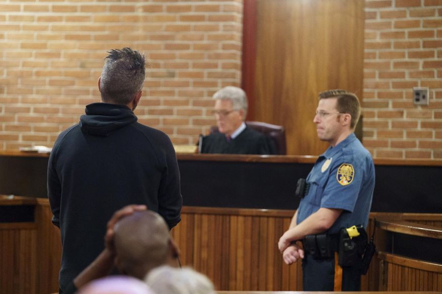 Mark D'Amico appears in Burlington City Municipal Court regarding citations for driving with a suspended license, in Burlington City, N.J., Tuesday, Sept. 18, 2018. D'Amico, under investigation over more than $400,000 raised online for a good Samaritan, says everything in the case will become “crystal clear.” D’Amico appeared in court Tuesday on unrelated traffic charges. (Jessica Griffin/The Philadelphia Inquirer via AP, Pool)