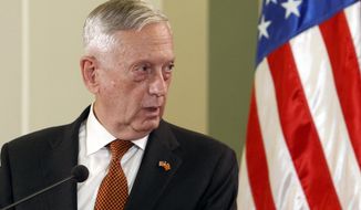 U.S. Defense Secretary James Mattis talks to the media in the presence of Macedonian Prime Minister Zoran Zaev following their meeting at the government building in Skopje, Macedonia, Monday, Sept. 17, 2018. Mattis arrived in Macedonia Monday, condemning Russian efforts to use its money and influence to build opposition to an upcoming vote that could pave the way for the country to join NATO, a move Moscow opposes. (AP Photo/Boris Grdanoski)