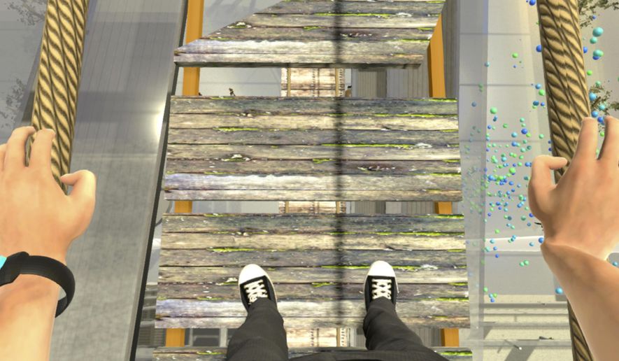 This image provided by Oxford VR in July 2018 shows a virtual reality viewpoint from a simulation designed to help people with a fear of heights. Virtual reality therapy can help patients by exposing them gradually to their greatest terrors. The technology is just now reaching the mainstream after 20 years of research. (Oxford VR via AP)