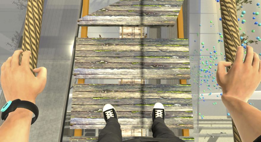 This image provided by Oxford VR in July 2018 shows a virtual reality viewpoint from a simulation designed to help people with a fear of heights. Virtual reality therapy can help patients by exposing them gradually to their greatest terrors. The technology is just now reaching the mainstream after 20 years of research. (Oxford VR via AP)