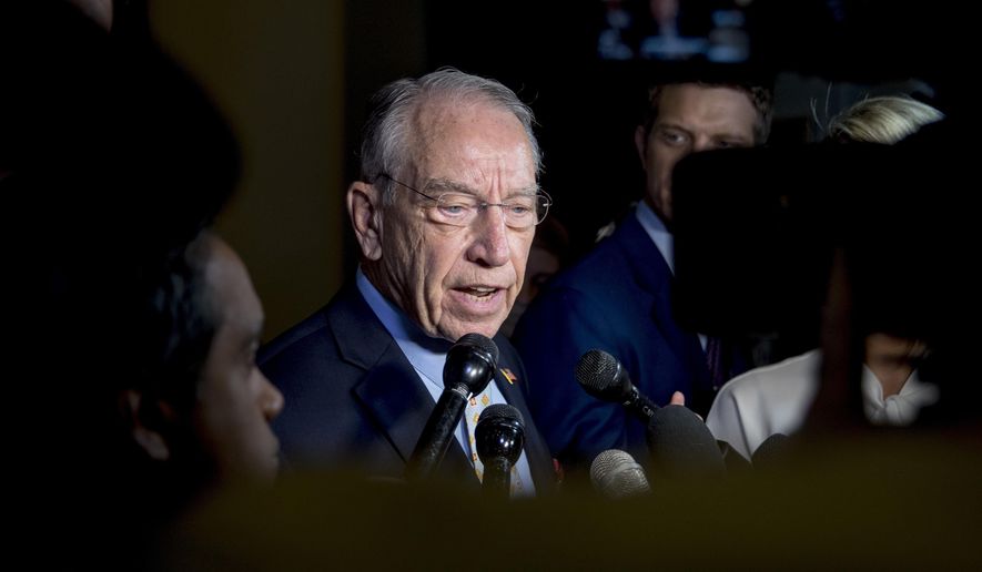 Senate Judiciary Committee Chairman Chuck Grassley, R-Iowa, speaks to reporters on Capitol Hill, Wednesday, Sept. 19, 2018, in Washington. Christine Blasey Ford wants the FBI to investigate her allegation that she was sexually assaulted by Supreme Court nominee Brett Kavanaugh before she testifies at a Senate Judiciary Committee hearing next week. (AP Photo/Andrew Harnik) **FILE**