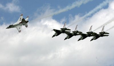 US Air Force Thunderbirds F16 jets perform as they arrive in the Air Force base of Graf Ignatievo, Bulgaria, east of the capital Sofia, Friday, June, 29, 2007. The Thunderbirds the world-renowned Air Demonstration Unit of the United States Air Force are coming to Bulgaria as part of the Bulgarian - American Days of the Air Force, commemorating the the 95th anniversary of the Bulgarian Air Force and the 60th anniversary of the U.S. Air Force and will perform an air-show at Graf Ignatievo on July, 1. Graf Ignatievo is one of two airbases which will be used by US Air Forces in Bulgaria.(AP Photo/Petar Petrov)