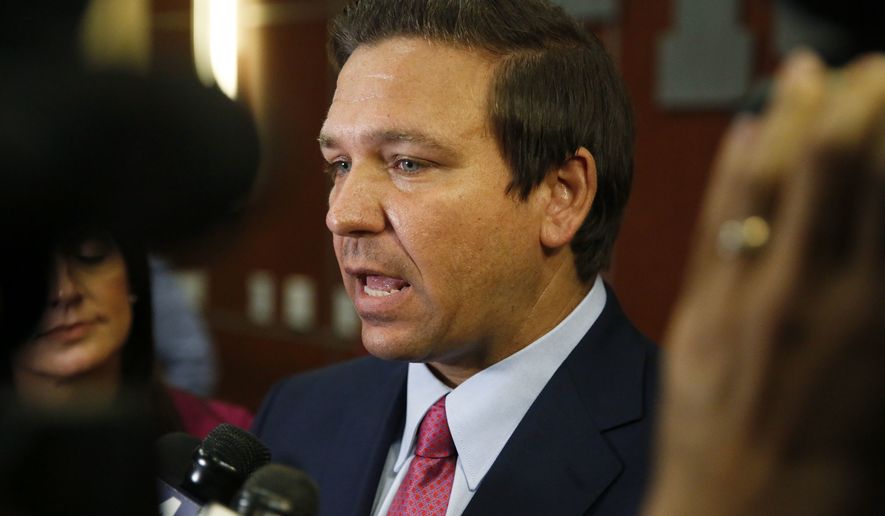 Republican candidate for Florida Governor Ron DeSantis speaks to the media at the Florida International University on Thursday, Sept. 20, 2018, in Miami, Fla. (AP Photo/Brynn Anderson)