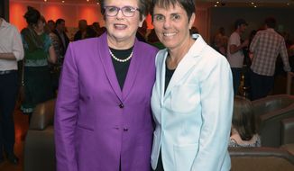 FILE - In this Wednesday June 26 2013 file photo, former professional tennis champion Billie Jean King and Ilana Kloss at the premier of Battle of the Sexes in London.  Billie Jean King and partner Ilana Kloss have joined the Los Angeles Dodgers ownership group. The Dodgers made the announcement Thursday, Sept. 20, 2018. The tennis great says Dodgers owner and chairman Mark Walter and the organization have proven to be leaders in sports on and off the field. (Photo by Jon Furniss/Invision/AP, File)