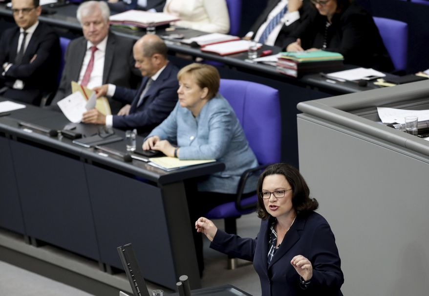 FILE - In this May 16, 2018 file photo Chair of the Social Democratic Party (SPD), Andrea Nahles, right, speaks at the plenary session of the German Bundestag in the Reichstags building in front of Foreign Minister Heiko Maas, Interior Minister Horst Seehofer, Finance Minister Olaf Scholz and German Chancellor Angela Merkel, from left, in Berlin. A decision to remove Germany’s spy chief after he appeared to downplay recent far-right protests but give him a new government job is causing discontent in Chancellor Angela Merkel’s government. (Kay Nietfeld/dpa via AP)