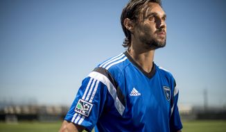 FILE - In this July 4, 2014 file photo, Chris Wondolowski, speaks with reporters after practicing with the San Jose Earthquakes in San Jose, Calif. Wondolowski, who played in college at tiny, Division II Chico State, is on the cusp of the MLS all-time goals record, held by Landon Donovan, arguably the greatest U.S. player ever. (AP Photo/Noah Berger, File)