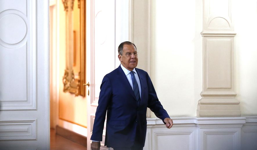 Russian Foreign Minister Sergey Lavrov arrives for talks with members of the Bosnian three-member presidency in Sarajevo, Bosnia, Friday, Sept. 21, 2018. Russia’s foreign minister is visiting Bosnia, an ethnically-divided Balkan country where Moscow has maintained strong influence among the country’s Serbs.  (AP Photo/Amel Emric)