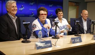 Los Angeles Dodgers owner and chairman Mark Walter, left, and Dodgers president &amp;amp; CEO Stan Kasten, right, introduce to the baseball team ownership group, tennis champion Billie Jean King, second from left, and her partner Ilana Kloss at a news conference in Los Angeles, Friday, Sept. 21, 2018. (AP Photo/Alex Gallardo)