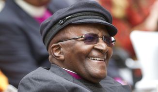 FILE - In this Saturday, Oct. 7, 2017 file photo, Anglican Archbishop Emeritus Desmond Tutu smiles as he celebrates his 86th birthday in Cape Town South Africa. Tutu says that terminally ill people should have the right to a &amp;quot;dignified assisted death&amp;quot; following a murder charge against a campaigner for the leaglization of euthanasia. (AP Photo/Mark Wessels, File)