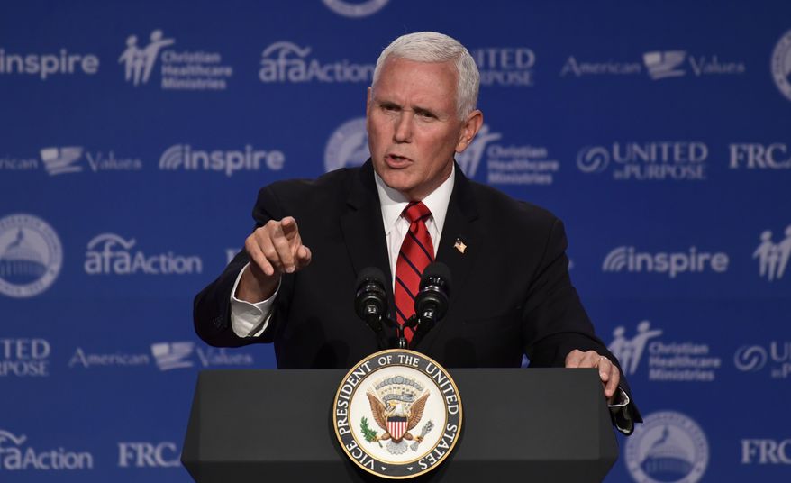 Vice President Mike Pence speaks at the 2018 Values Voter Summit in Washington, Saturday, Sept. 22, 2018. (AP Photo/Susan Walsh)