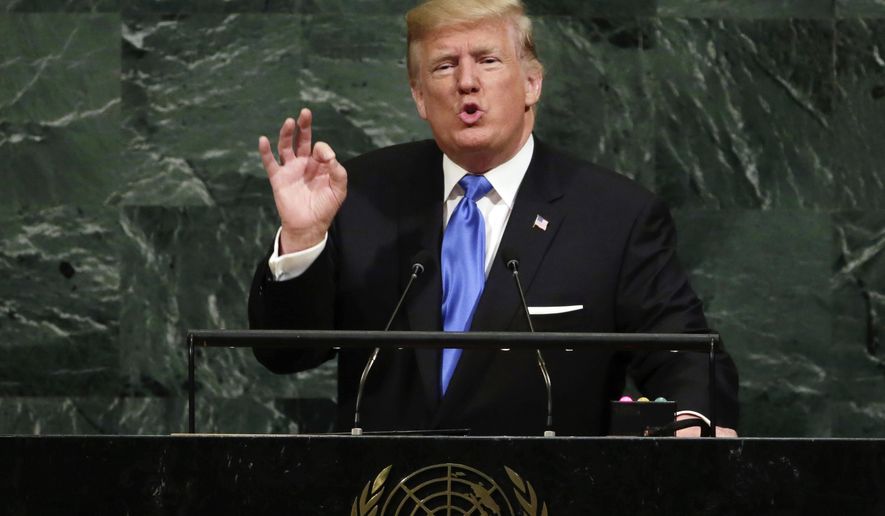 FILE - In this Sept. 19, 2017 file photo, U.S. President Donald Trump addresses the 72nd session of the United Nations General Assembly, at U.N. headquarters. Trump will be joined by other populist leaders at the 73rd General Assembly, including Poland&#x27;s President Andrej Duda and Italy&#x27;s Prime Minister Giuseppe Conte along with the foreign ministers of Hungary and Austria. (AP Photo/Richard Drew, File)