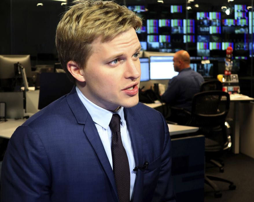 Ronan Farrow, a contributing writer for the New Yorker, speaks with reporters at Associated Press headquarters in New York, Friday, July 27, 2018. Farrow, who wrote a Pulitzer Prize-winning story for the New Yorker on the sexual misconduct allegations against media mogul Harvey Weinstein, has written a similar story for the magazine on CBS Chief Executive, Les Moonves. (AP Photo/Ted Shaffrey)