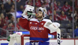Washington Capitals goalie Braden Holtby (70) takes a drink during the second period of an NHL hockey game against the Detroit Red Wings, Friday, Nov. 18, 2016, in Washington. (AP Photo/Nick Wass)