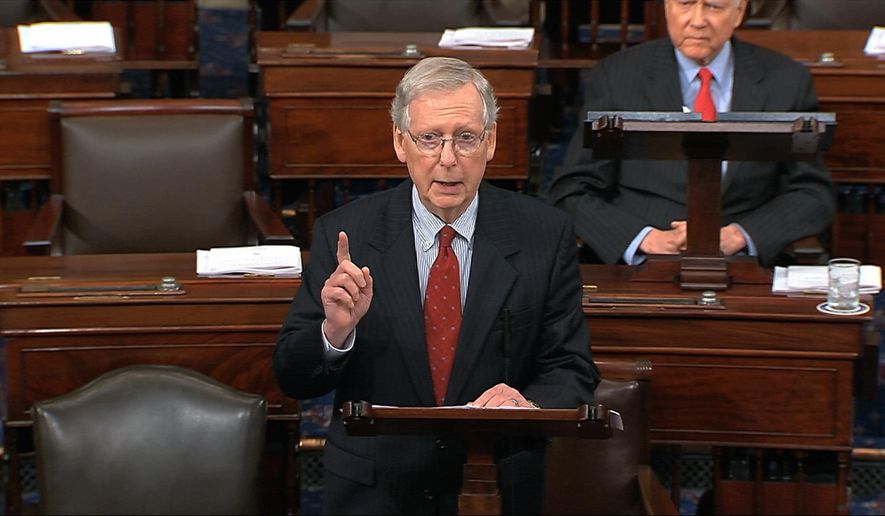 In this image from Senate Television, Majority Leader Mitch McConnell of Ky., speaks on the floor of the U.S. Senate in September 2018. The Senate on Nov. 20, 2019, confirmed President Trump&#x27;s appointment of Adrian Zuckerman to be ambassador to Romania. (Senate Television via AP) **FILE**