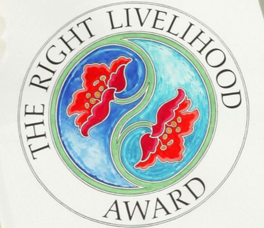 FILE - In this file photo dated Thursday Dec. 9, 2004, the Logo of The Right Livelihood Award, known as the "Alternative Nobel", shown in Stockholm, Sweden. It is announced Monday Sept. 24, 2018, that The Right Livelihood Award for 2018 has been given to three jailed Saudi human rights defenders and two South American anti-corruption crusaders. (Fredrik Persson/TT FILE via AP)