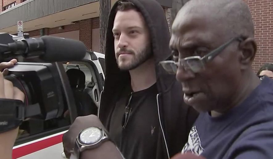 In this image made from a Sunday, Sept. 23, 2018, video by KTRK-TV, Cody Wilson walks out of the Harris County Jail in Houston. Wilson, the owner of a Texas company that sells plans to make untraceable 3-D printed guns, is free on bond after being accused by authorities of having sex with an underage girl. (KTRK-TV via AP)