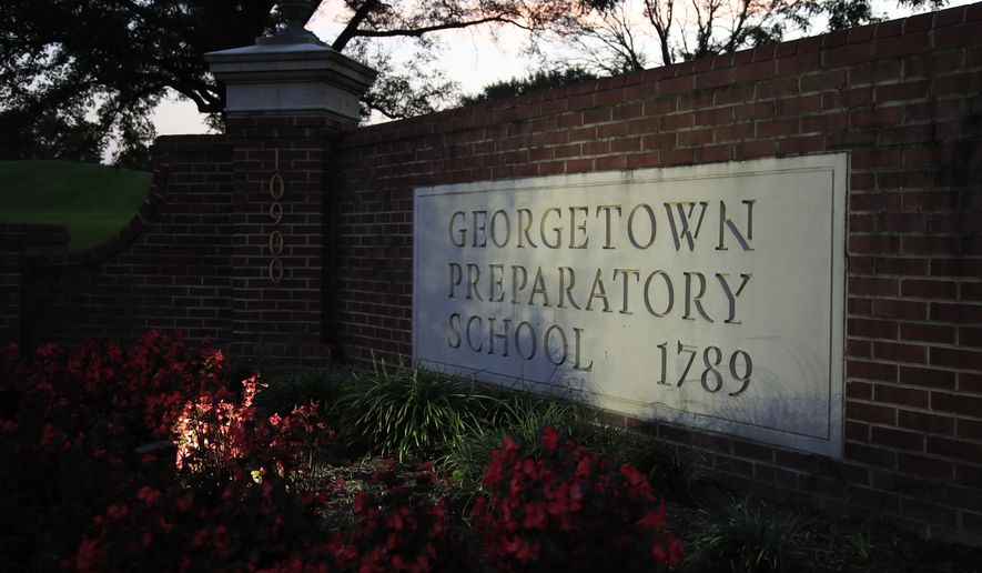 The entrance to the Georgetown Preparatory School Bethesda, Md., is shown, Wednesday, Sept. 19, 2018. Mark Judge spent decades mining his recollections and writing books and articles full of semi-confessional details about the suburban Maryland prep school he attended with future Supreme Court nominee Brett Kavanaugh. Now, though, Judge’s memory has drawn a blank. (AP Photo/Manuel Balce Ceneta)