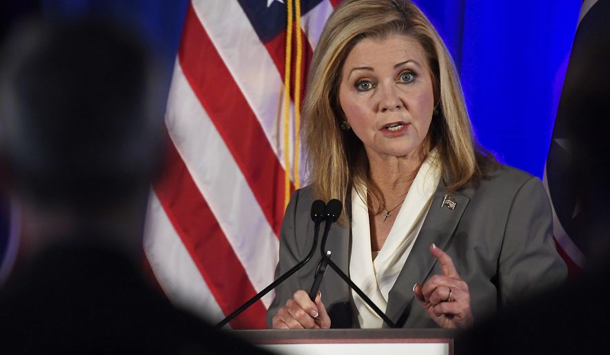 In this file photo, then-candidate Marsha Blackburn speaks at the 2018 Tennessee U.S. Senate Debate against Democratic candidate and former Gov. Phil Bredesen at Cumberland University Tuesday, Sept. 25, 2018, in Lebanon, Tenn. (Lacy Atkins/The Tennessean via AP, Pool)  **FILE**