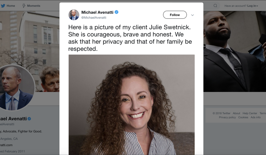 Screenshot of Michael Avenatti&#39;s Twitter feed featuring his client Julie Swetnick.