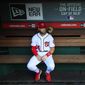 Washington Nationals Bryce Harper, looks at the baseball field from their dug out before the start of the Nationals last home game of the season against the Miami Marlins in Washington, Wednesday, Sept. 26, 2018. (AP Photo/Manuel Balce Ceneta) **FILE**