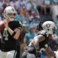Oakland Raiders quarterback Derek Carr prepares to pass during the first half of an NFL football game against the Miami Dolphins, Sunday, Sept. 23, 2018, in Miami Gardens, Fla. (AP Photo/Lynne Sladky)