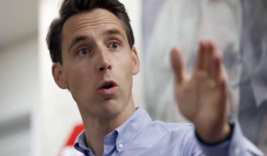 Missouri Attorney General and Republican U.S. Senate candidate Josh Hawley speaks to supporters during a campaign stop Thursday, Sept. 27, 2018, in St. Charles, Mo. Hawley is seeking to unseat Democratic incumbent Sen. Claire McCaskill. (AP Photo/Jeff Roberson)