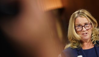 Christine Blasey Ford testifies before the Senate Judiciary Committee on Capitol Hill in Washington, Thursday, Sept. 27, 2018. (AP Photo/Andrew Harnik, Pool)