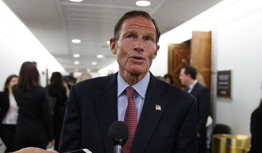 Sen. Richard Blumenthal, D-Conn., speaks to media during a break in a Senate Judiciary Committee hearing on Capitol Hill in Washington, Thursday, Sept. 27, 2018, with Christine Blasey Ford and Supreme Court nominee Brett Kavanaugh. (AP Photo/Carolyn Kaster) ** FILE **