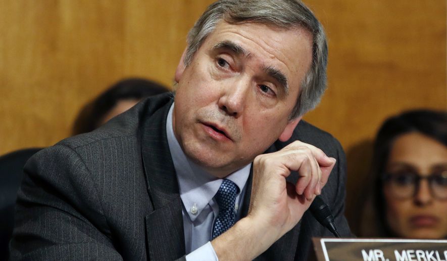 In this April 12, 2018, photo, Sen. Jeff Merkley, D-Ore., questions Secretary of State-designate Mike Pompeo during a Senate Foreign Relations Committee confirmation hearing on Capitol Hill in Washington. A lawsuit filed by Merkley aiming to compel the Trump administration to release 100,000 pages of documents on Supreme Court nominee Brett Kavanaugh is inching forward in federal court, with an Obama nominee assigned to hear it. (AP Photo/Jacquelyn Martin) **FILE**