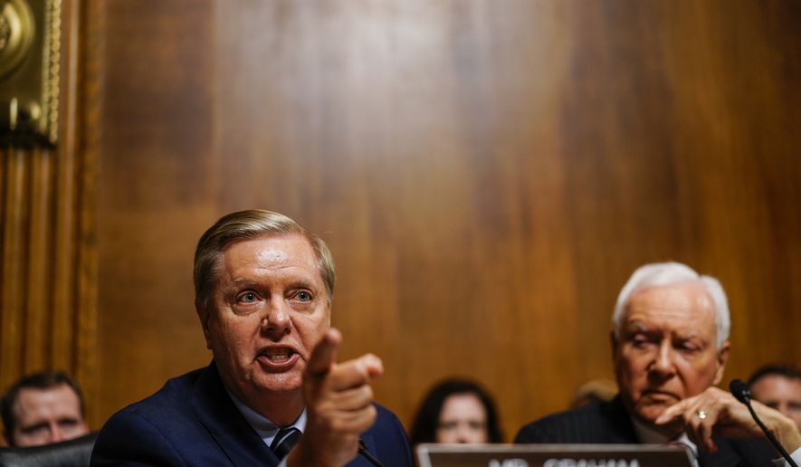 Sen. Lindsey Graham, R-S.C., talks during a hearing with Supreme Court nominee Judge Brett M. Kavanaugh with the Senate Judiciary Committee, Thursday, Sept. 27, 2018 on Capitol Hill. (Melina Mara/The Washington Post via AP, Pool)