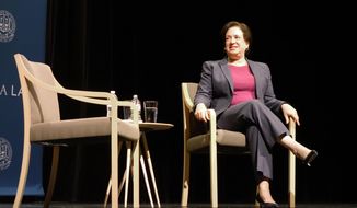 U.S. Supreme Court Justice Elena Kagan waits to begin a discussion at the University of California, Los Angeles, with UCLA Law School Dean Jennifer Mnookin, not shown, Thursday, Sept. 27, 2018. Kagan won’t talk about Brett Kavanaugh’s confirmation process but she’s sure about one thing: the nation’s highest court hates deadlocks. Kagan told law students at UCLA on Thursday that the justices worked “super hard” to find consensus after Antonin Scalia’s death in 2016 left the panel with only eight judges. (AP Photo/Brian Melley)