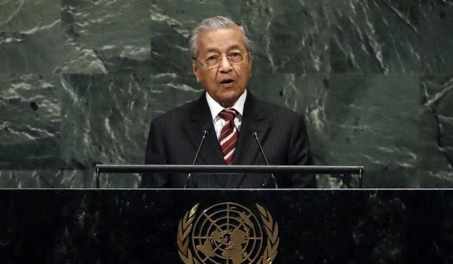 Malaysia&#x27;s Prime Minister Mahathir Mohamad addresses the 73rd session of the United Nations General Assembly, at U.N. headquarters, Friday, Sept. 28, 2018. (AP Photo/Richard Drew) **FILE**