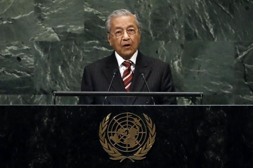 Malaysia&#39;s Prime Minister Mahathir Mohamad addresses the 73rd session of the United Nations General Assembly, at U.N. headquarters, Friday, Sept. 28, 2018. (AP Photo/Richard Drew) **FILE**