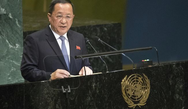 North Korean Foreign Minister Ri Yong Ho addresses the 73rd session of the United Nations General Assembly,Saturday, Sept. 29, 2018 at U.N. headquarters. (AP Photo/Mary Altaffer)