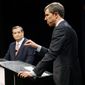 In this Sept. 21, 2018 photo, Republican U.S. Senator Ted Cruz, left, and Democratic U.S. Representative Beto O&#39;Rourke, right, take part in their first debate for the Texas U.S. Senate in Dallas. The second debate between O&#39;Rourke and Cruz has been postponed because the Senate may be in session this weekend to vote on Brett Kavanaugh&#39;s confirmation to the Supreme Court. (Tom Fox/The Dallas Morning News via AP, Pool) **FILE**
