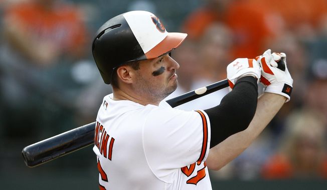 Baltimore Orioles&#x27; Trey Mancini singles in the fourth inning of a baseball game against the Houston Astros, Sunday, Sept. 30, 2018, in Baltimore. Jonathan Villar scored on the play. (AP Photo/Patrick Semansky) ** FILE **