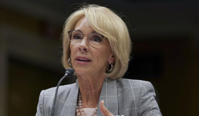 In this June 5, 2018, file photo, Education Secretary Betsy DeVos testifies during a Senate Subcommittee on Labor, Health and Human Services, Education, and Related Agencies Appropriations hearing in Washington. (AP Photo/Carolyn Kaster, File)