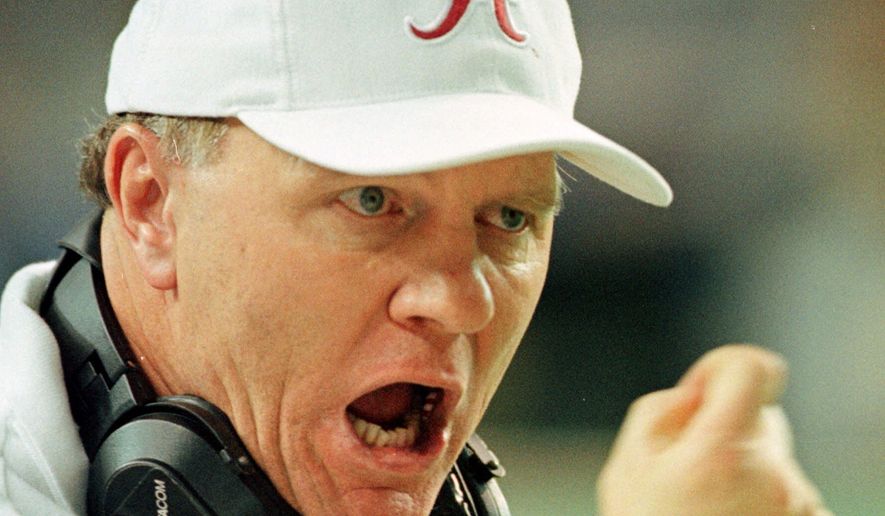 Alabama head coach Mike DuBose yells from the sidelines as the Crimson Tide plays Florida in the SEC Championship Saturday, Dec. 4, 1999, at the Georgia Dome. (AP Photo/Curtis Compton)