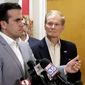 Puerto Rico Governor Ricardo Rossello, left, endorses U.S. Sen. Bill Nelson for the senate during a news conference Monday Oct. 1, 2018, in Orlando, Fla. (AP Photo/John Raoux)