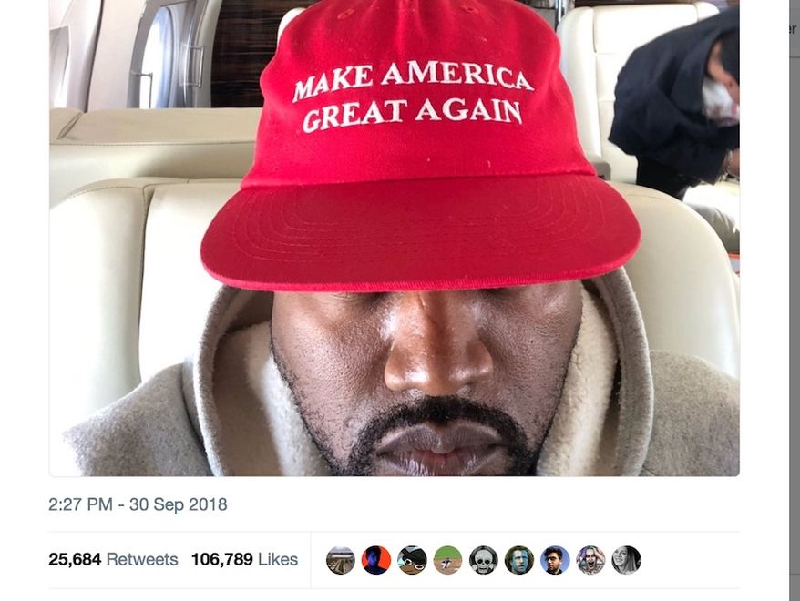 Entertainer and entrepreneur Kanye West sports a &quot;MAGA&quot; hat in a tweet published Sept. 30, 2018. His attached message regarding the Trump administration and American culture prompted actor Chris Evans to call him &quot;retrogressive&quot; and &quot;terrifying.&quot; (Image: Twitter, Kanye West) ** FILE **