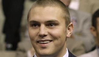 FILE -This Sept. 3, 2008, file photo shows Track Palin, son of Sarah Palin during the Republican National Convention in St. Paul, Minn. Authorities say the former Alaska governor&#39;s oldest son has been arrested again on suspicion of assault. (AP Photo/Charles Rex Arbogast, File)