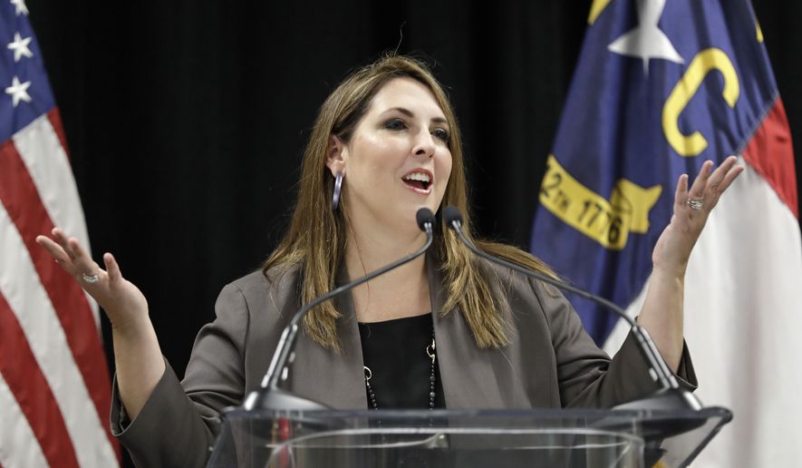 RNC Chairwoman Ronna McDaniel speaks during a news conference for the 2020 Republican National Convention in Charlotte, N.C., Monday, Oct. 1, 2018, in this file photo. (Associated Press) ** FILE **