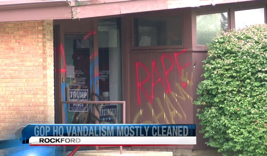 Unidentified vandals covered the Winnebago County Republican Headquarters in Rockford, Illinois with &quot;rape&quot; and &quot;shame&quot; graffiti on Sept. 30, 2018. (Image: WTVO-TV 17 video screenshot)