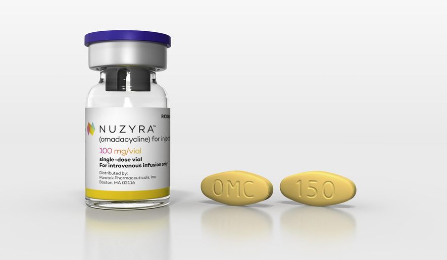 This undated image provided by Paratek Pharmaceuticals in September 2018 shows the antibiotic Nuzyra. On Tuesday, Oct. 2, 2018, U.S. regulators approved this modernized version of a decades-old antibiotic used to treat a number of infections. (Paratek Pharmaceuticals via AP)