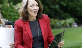 FILE - In this Sept. 10, 2018, file photo, Sen. Maria Cantwell, D-Wash., is shown at a gathering in Vancouver, Wash. A popular program that supports conservation and outdoor recreation projects across the country expired after Congress could not agree on language to extend it. The Senate Energy and Natural Resources Committee is expected to consider a bill offered by Sen. Maria Cantwell of Washington state, the panel’s top Democrat. Cantwell calls the conservation fund “the key tool” that Congress uses to help communities “preserve recreation opportunities and make the most cost-effective use of the land.” (AP Photo/Don Ryan, File)